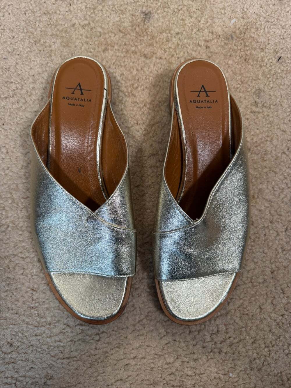Aquatalia Slide Sandals Womens 7.5 Metallic Gold Leather Low Block Heel Minimal